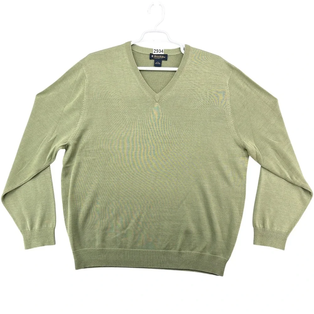 Brooks Brothers Mens XXL V-Neck Sweater Silk Cotton Blend Olive Green L/S